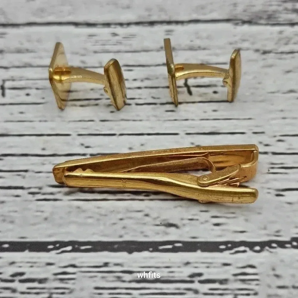Yves Saint Laurent Gold and Matte Grey Tone Cufflinks and Tie Bar Set Vintage